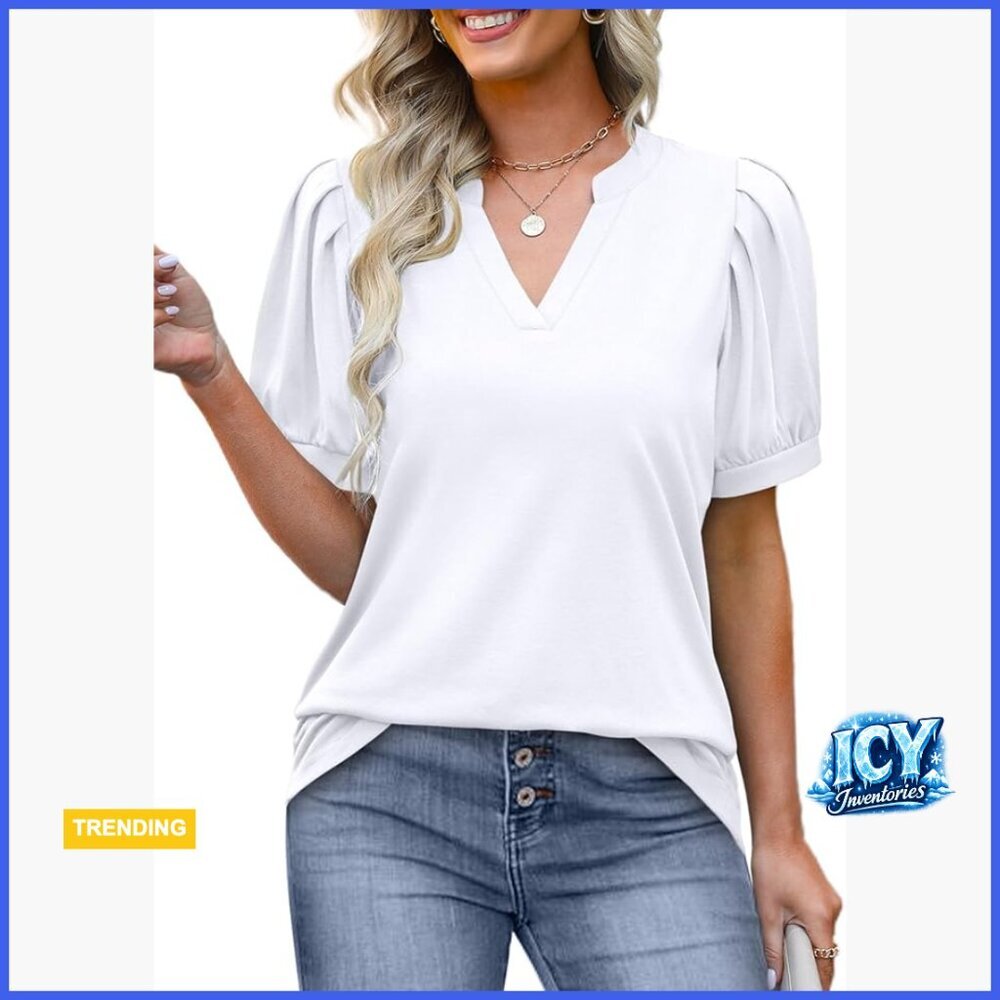 Faux Leather Pleated Puff Sleeve Tunic Top with V-Neck and Curved Hem